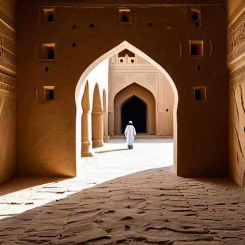 Home 4 Omani Fortress Interior**
"Interior of Bahla Fortress, Oman, labyrinthine hallways, mud-brick walls, arched doorways, sunlight streaming through openings, fully clothed tourists in modest attire exploring, safe for work, appropriate content, perfect anatomy, correct proportions, professional photography, high quality, family-friendly."
**