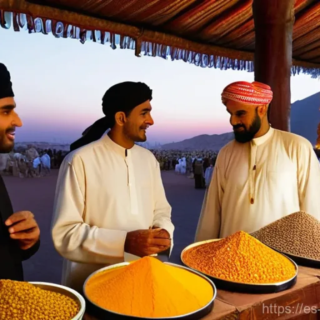 오만의 바자르 문화 - **Prompt 1: Bustling Omani Souk at Sunset**
A vibrant and atmospheric scene inside a traditional...