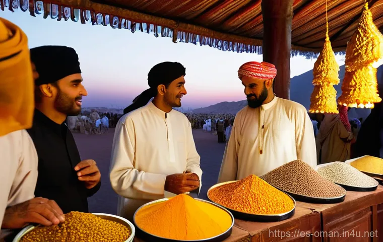오만의 바자르 문화 - **Prompt 1: Bustling Omani Souk at Sunset**
    A vibrant and atmospheric scene inside a traditional...