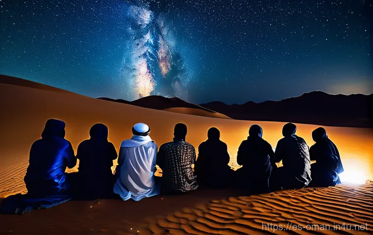 오만 사막의 별 관찰 - "A lone figure, fully and modestly clothed in warm, layered desert attire, sits on a comfortable mat...