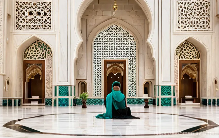 오만 방문 전 필수 준비물 - **Prompt:** A serene and respectful scene inside the Grand Mosque of Sultan Qaboos in Muscat, Oman. ...