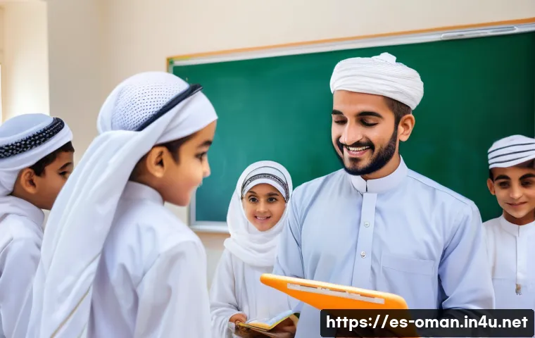 오만의 교육 시스템 - A modern Omani classroom scene showing diverse students using digital tablets and interactive whiteb...