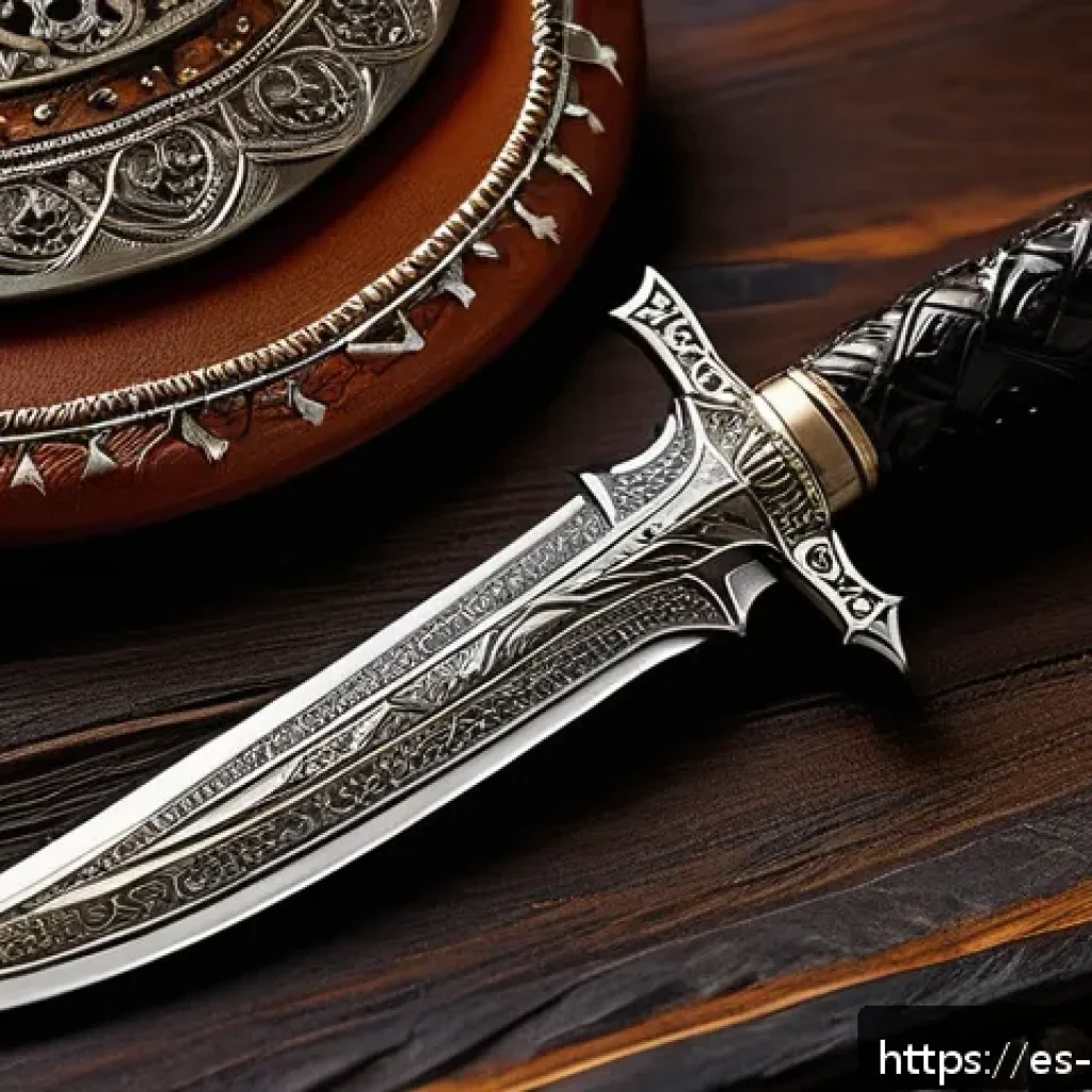 오만의 기념품 추천 - A detailed close-up of a traditional Omani khanjar dagger with intricate silverwork, ornate curved b...