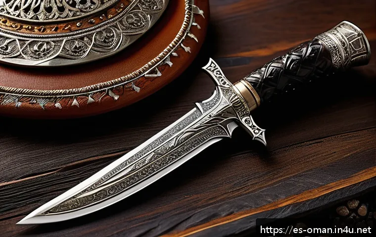 오만의 기념품 추천 - A detailed close-up of a traditional Omani khanjar dagger with intricate silverwork, ornate curved b...