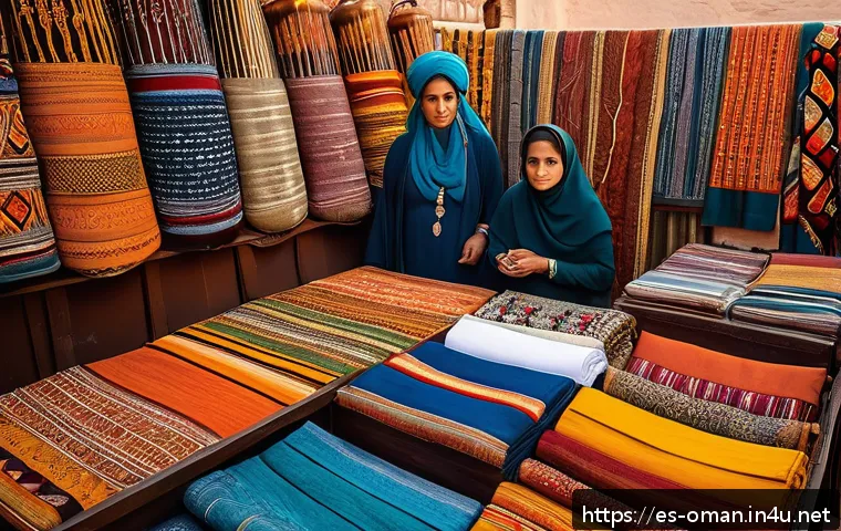 오만의 기념품 시장 가격 - A vibrant traditional Omani market scene featuring colorful stalls filled with handcrafted textiles,...