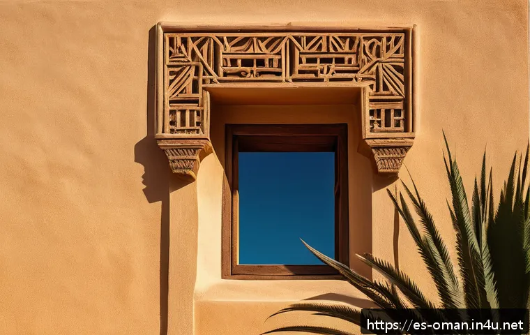 오만의 전통 주택 디자인 - A traditional Omani house exterior at sunset, showcasing thick adobe and limestone walls with small,...