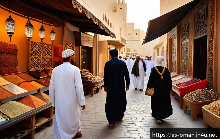 오만 언어 배우기 - A vibrant street scene in Muscat, Oman, showcasing diverse people engaged in daily life speaking the...