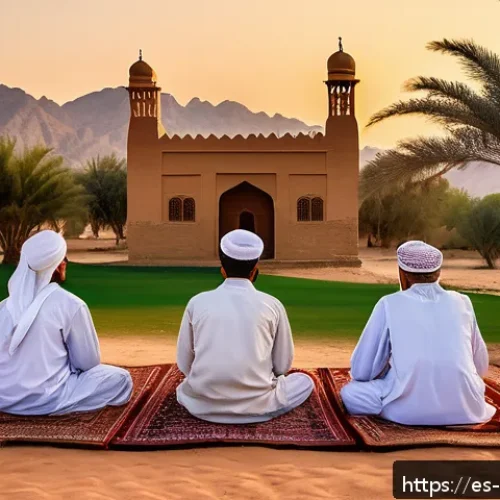 Home 31 오만 쿠란 학교 역사 - A serene traditional Quranic school setting in rural Oman at sunset, showing a group of diverse youn...