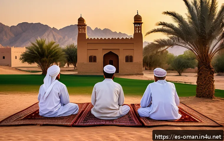 오만 쿠란 학교 역사 - A serene traditional Quranic school setting in rural Oman at sunset, showing a group of diverse youn...