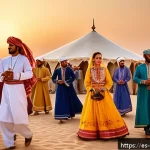 Home 18 오만의 아라비아 오아시스 체험 - A vibrant traditional Omani wedding scene in a desert courtyard at sunset, with men and women dresse...