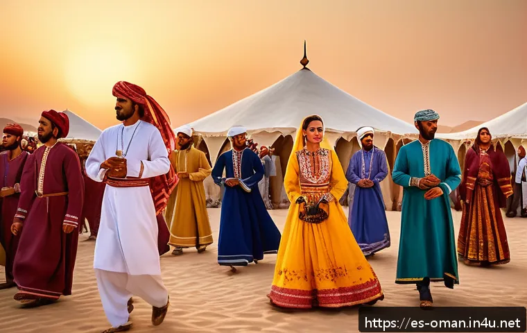 오만의 아라비아 오아시스 체험 - A vibrant traditional Omani wedding scene in a desert courtyard at sunset, with men and women dresse...