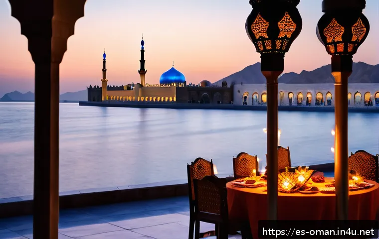 오만의 종교와 관습 - A vibrant street scene in Muscat, Oman at sunset during Ramadan, showing families gathered outdoors ...