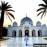 오만 무스카트 관광 - Photorealistic travel scene in Muscat, Oman, wide-angle sunrise view of the Sultan Qaboos Grand Mosq...