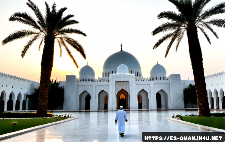 오만 무스카트 관광 - Photorealistic travel scene in Muscat, Oman, wide-angle sunrise view of the Sultan Qaboos Grand Mosq...