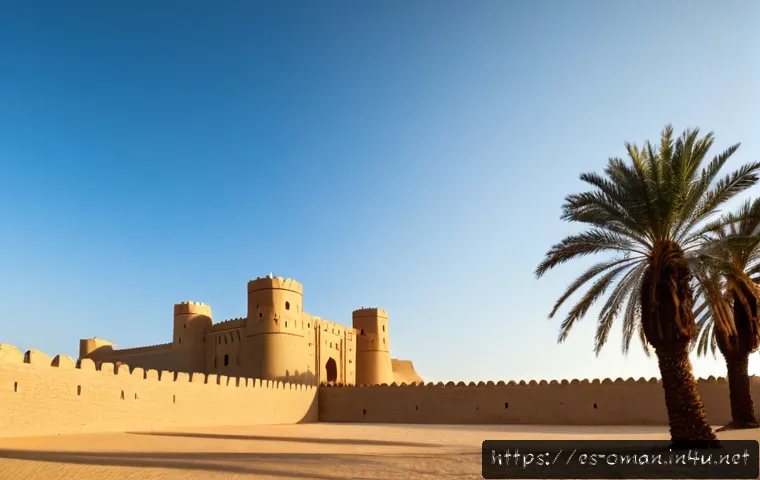 오만의 유네스코 지정 건축물 - Photorealistic wide-angle view of Bahla Fort in Oman, monumental sun-baked mudbrick walls and watcht...