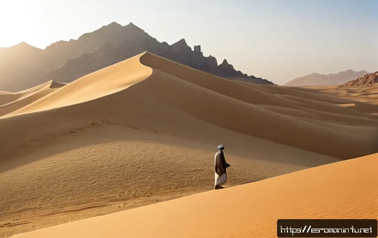 Home 17 오만을 배경으로 한 영화 - Photorealistic cinematic film still set in Oman, a solitary traveler in modest linen clothing standi...