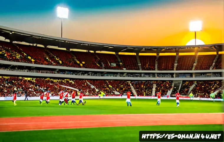오만의 국제 스포츠 이벤트 - Photorealistic international football match in a modern stadium in Muscat, Oman, diverse athletes in...