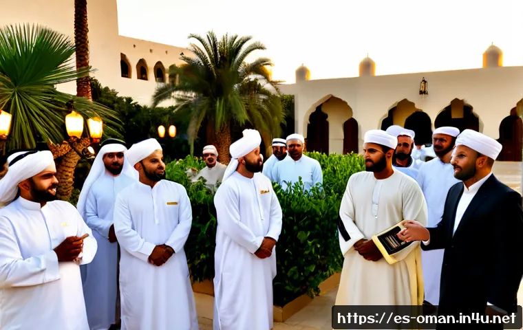 Home 17 오만 전통 결혼식 문화 - Photorealistic traditional Omani wedding reception in an elegant Muscat courtyard at sunset, groom w...